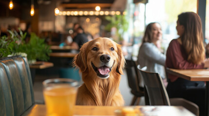 Golden retriever resting on restaurant chair, sharing dining experience with smiling owner at busy pet-welcoming eatery