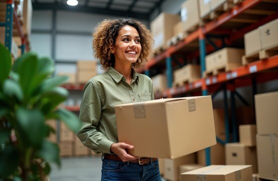 Businesswoman happily prepares shipping orders in warehouse. Small business owner packages products for delivery. Holds cardboard box. Plenty of boxes stacked high in warehouse storage area. Modern