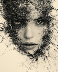 Obraz premium A black-and-white drawing with thin lines of an abstract portrait, the face is obscured by thick scribbles, pencil strokes, and digital noise