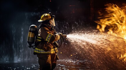 Fototapeta premium Firefighter Bravely Battles Blaze: A Dramatic Nighttime Scene