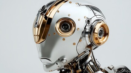 Retro robot with a shiny metallic finish and nostalgic look on white background