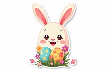 Obraz premium Sticker with a colorful Easter egg featuring bunny ears and a cheerful face, surrounded by small flowers on a white background, joyful holiday design concept.