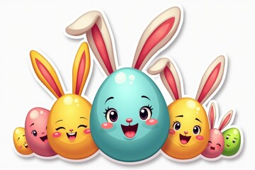 Fototapeta premium Sticker with a group of vibrant Easter eggs featuring different bunny ears and playful expressions on a white background, festive celebration concept.