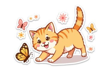Obraz premium Sticker with a playful orange kitten pouncing on a butterfly surrounded by colorful flowers and sparkles on a white background, whimsical and cheerful design concept.