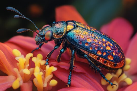 Glowing Jewel Beetle Crawling on Vibrant Surface in Close-up Macro Shot with Beautiful Colors and Details