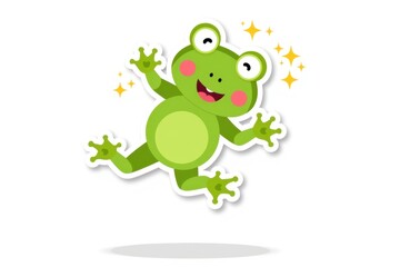 Obraz premium Sticker with a cute frog leaping with joy and sparkling trail on a white background, cheerful design concept.