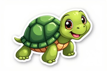 Obraz premium Sticker with a happy turtle waving its flipper, showcasing a shiny shell on a white background, cheerful design concept.