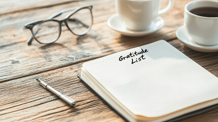 Notebook with gratitude list written on it, placed on a wooden desk with coffee cups, pen and eyeglasses, representing mindfulness and gratitude practice