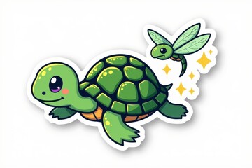 Fototapeta premium Sticker with a cute magical turtle and a dragonfly leaving a shimmering trail on a white background, whimsical vector design concept
