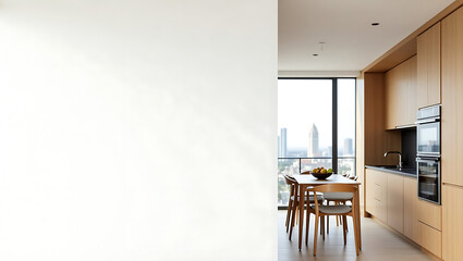 Fototapeta premium Modern Kitchen Interior with Blank Wall and City View