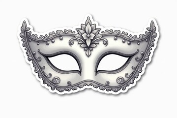 Sticker with a delicate white Venetian masquerade mask featuring floral lace details and shimmering silver accents on a white background, elegant design concept.