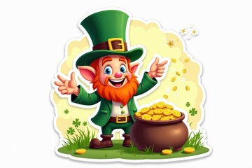Sticker with a cheerful leprechaun tipping his hat next to a pot of glowing gold coins with magical sparkles in the air on a white background, festive St. Patrick's Day concept