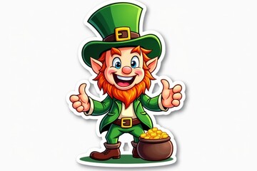 Sticker with a cheerful leprechaun smiling widely next to a pot of gold on a white background, whimsical St. Patrick's Day design concept.