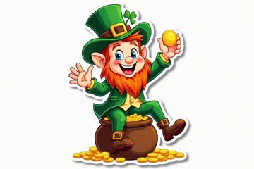 Fototapeta premium Sticker with Cheerful leprechaun holding a golden coin and waving while sitting on a pot of gold, vibrant design concept for St. Patrick's Day.