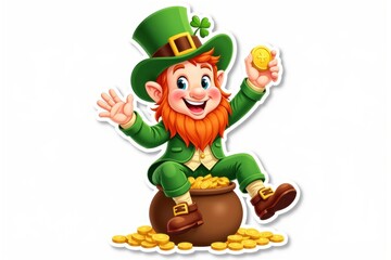 Sticker with a cheerful leprechaun sitting on a pot of gold, waving and holding a golden coin on a white background, festive St. Patrick's Day design concept.