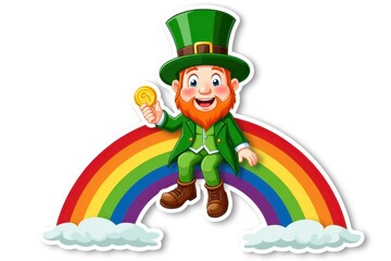 Sticker with a cheerful leprechaun sitting on a rainbow holding a golden coin against a white background, playful St. Patrick's Day celebration concept.