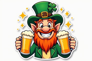Sticker with a cheerful leprechaun holding two mugs of beer surrounded by sparkles on a white background, festive St. Patrick's Day design concept.