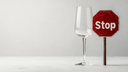 Empty wine glass blocking stop sign, representing sobriety journey and conscious choice to stop alcohol consumption