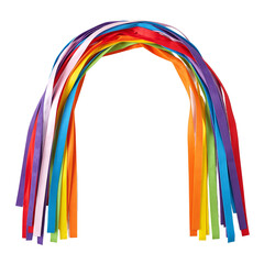 Vibrant rainbow ribbon arch on white backdrop