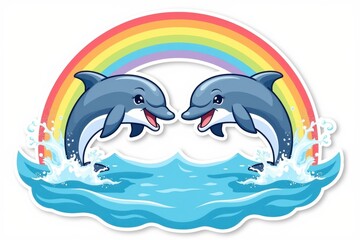 Obraz premium Sticker with two cheerful dolphins jumping in unison above sparkling blue waves, with a magical rainbow in the background, joyful ocean design concept.