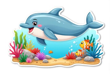 Fototapeta premium Sticker with a smiling dolphin swimming among colorful coral and fish in a vibrant underwater scene, joyful marine life design concept.