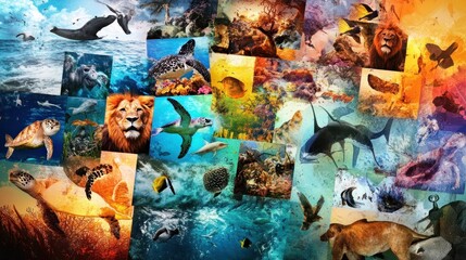 Fototapeta premium Vibrant collage showcasing diverse wildlife, marine life, and birds.