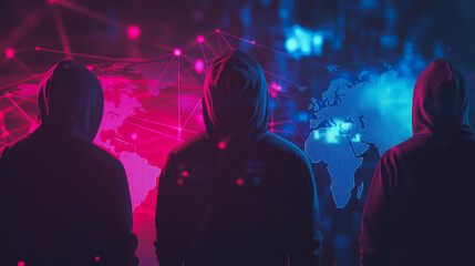 Hacker are planning to hack and attack networks and cyber security systems.team people innovation connection of line from nail node to node on map background , networking concept