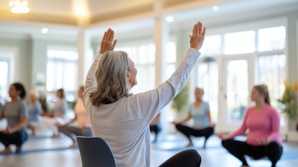 Senior fitness class with people practicing yoga indoors for wellness and relaxation