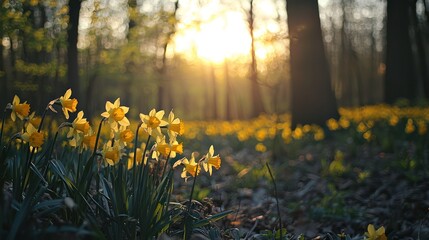 Daffodils blooming in a Midwest woodland on a beautiful spring day.