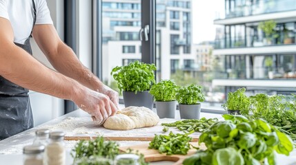 The Art of Home Baking:  A passionate baker kneads dough on a rustic table, surrounded by fresh herbs, in the warmth of a sunlit kitchen.