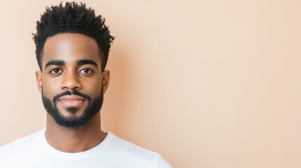 Obraz premium Confident Gaze: Portrait of a young Black man with a short, well-groomed beard and styled hair, wearing a plain white t-shirt.