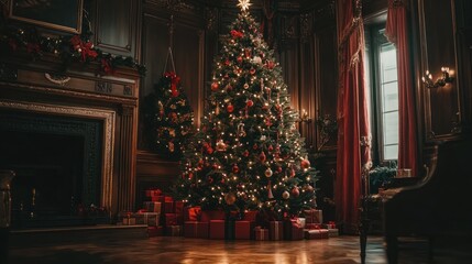 Obraz premium Elegant Christmas tree in mansion, gifts, fireplace