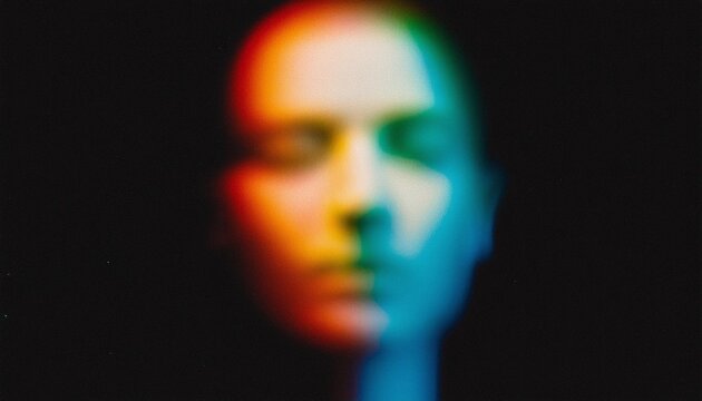 Iridescent blurry grainy face silhouette photo on black background