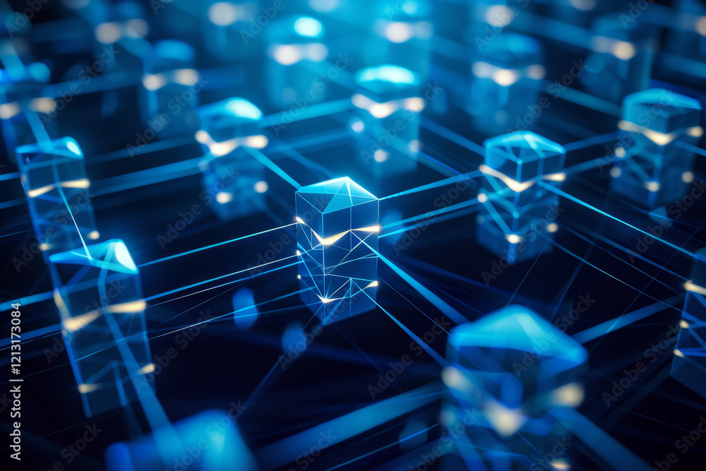 Poster futuristic glowing blue cubes connected by lines on a dark background. concept of digital network or