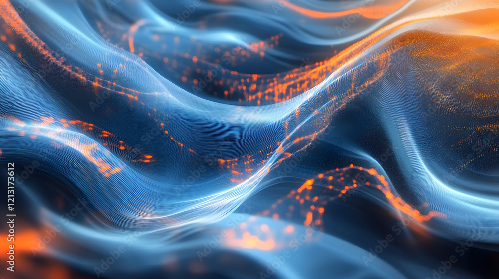 Poster creating an abstract futuristic background, flowing particles form a digital wave, blending shades o