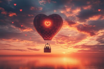 Fototapeta premium A hot air balloon shaped like a heart, floating above a serene landscape at sunrise. The basket below holds a couple sharing a warm moment.