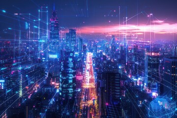 Obraz premium Cyberpunk Cityscape with Neon Lights and Digital Network