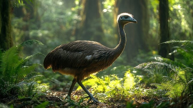 modern abstract art featuring a tall flightless moa bird walking through lush new zealand forest, blending geometric patterns with vibrant organic textures and symmetry