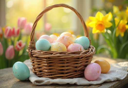 Osterkorb mit bunten Eiern und Fr&uuml;hlingsblumen auf Holztisch