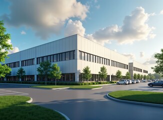 Fototapeta premium Modern industrial building complex in city area. Large facility with many windows, parking lot. Green landscaping surrounds building. Sunny summer day. Commercial enterprise headquarters.