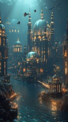 Fototapeta premium Breathtaking digital showcasing a fantastical futuristic cityscape with glowing illuminated architecture set against a mysterious otherworldly celestial backdrop This visionary
