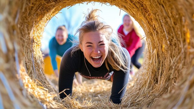 Outdoor fitness challenge with friends amidst hay bales