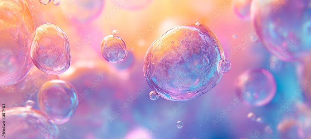 Poster abstract background with microscopic, multicolored bubbles floating on a colorful backdrop
