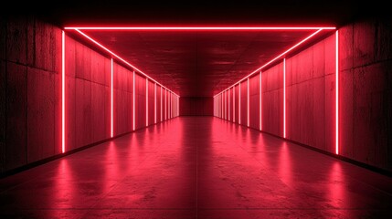 Red neon tunnel, urban backdrop, futuristic design