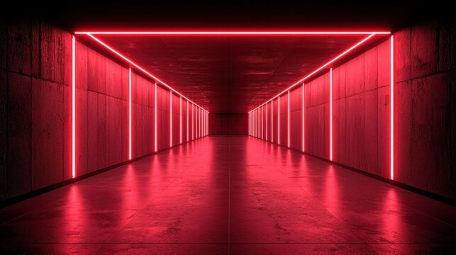 Red neon tunnel, urban backdrop, futuristic design
