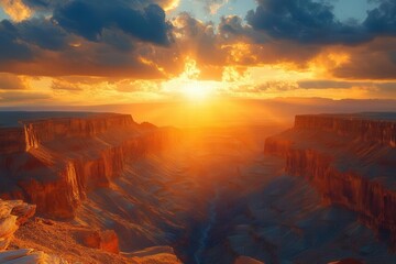 Fototapeta premium majestic desert canyon at golden hour sunbeams piercing through cloud layers creating dramatic light and shadow interplay