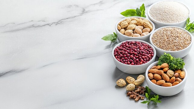 Healthy grains, nuts, and beans on marble.  Food photography for cookbook or website