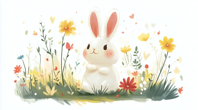 Ilustraci&oacute;n de conejo blanco adorable rodeado de flores en estilo acuarela