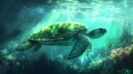 Fototapeta premium A turtle with a moss-covered shell gliding through a tranquil crystal-clear lagoon surrounded by glowing coral. Ethereal Lagoon. Illustration