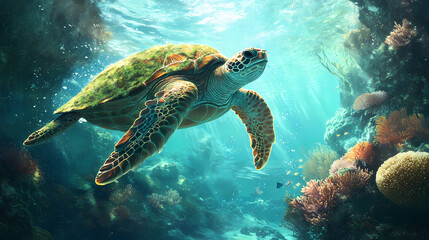 Obraz premium A turtle with a moss-covered shell gliding through a tranquil crystal-clear lagoon surrounded by glowing coral. Ethereal Lagoon. Illustration